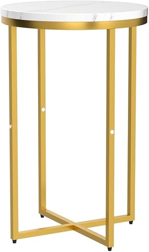 Miniatura 5 de DKLGG Mesa auxiliar moderna dorada, mesa auxiliar pequeña con marco dorado, mesa auxiliar de mármol para sala de estar, dormitorio, espacio pequeño,