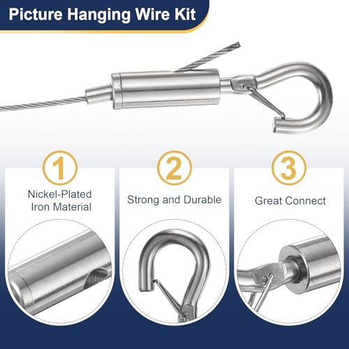 Image of uxcell 2pcs Picture Hanging Wire Kit, 1m x 1.5mm Heavy Duty Picture Frame Hanging Wire Rope with Adjustable Hooks, Load 90 Kg /198 Lbs, for Hanging Artwork, Mirrors, Frames, Paintings