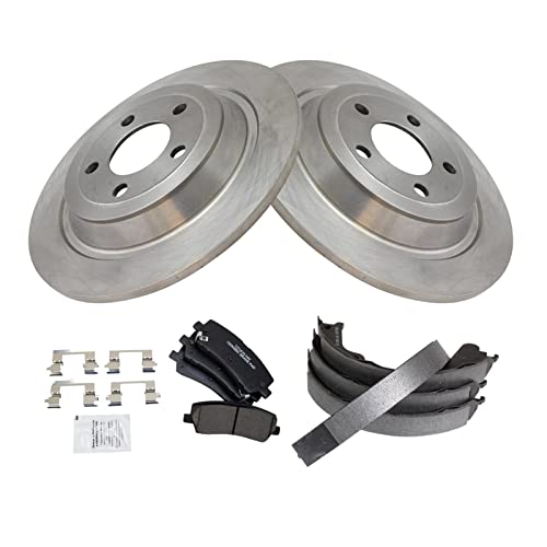 Image of TRQ Rear Brake Pad and Rotor Set Ceramic Parking Brake Shoe Compatible with 2016 2018 Ford Mustang