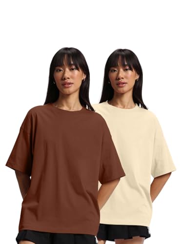 Image of JUNEBERRY Pure Cotton Drop Shoulder Oversized Baggy Fit Half Sleeve Plain Solid Round Neck Multicolor T-Shirt for Women & Girls (Pack of 2) (Sizes S-2XL)