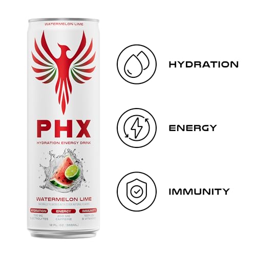 Image of PHX Hydration Energy Drink - 700mg Electrolytes, 200mg Natural Green Tea Caffeine, 100% Daily Value 8 Essential Vitamins - 12 oz Cans (12 Pack, Watermelon Lime)