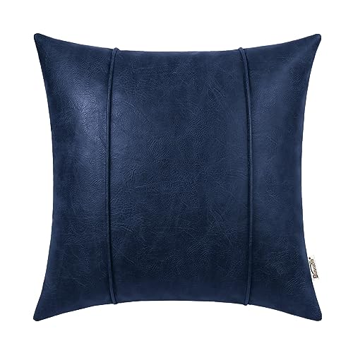 Image of BRAWARM Navy Blue Leather Throw Pillow Covers 20 X 20 Inches - Faux Leather Pillow Cover with Piping, Hand Stitched Leather Throw Pillow for Couch Sofa Bed Living Room Home Decorative