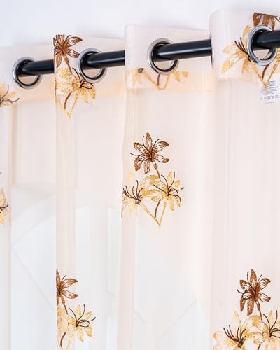 Image of 7 ft Embroidered Tissue Fabric Curtains for Long Windows, Decorative 3-Flower Floral Pattern, Smooth Grommet Top for Easy Hanging, Brown & Golden, Ideal for Living Room & Bedroom