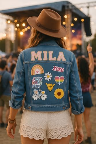 Customized Blue Denim Jacket with Name, Colorful Fun Patches, Personalized Outerwear Jacket for Casual or Special Occasions - Unique Gift for Birthdays & Everyday Wear (Adult L/XL)4