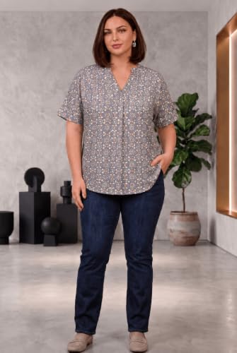 Image of SINDOORI Relaxed Fit Tops for Women Plus Size Solid Printed Mandarin Collar, Band Collar, V-Neck Top, Half Sleeve Loose Fit