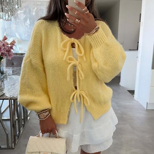 Image of Women Casual Bow Tie Front Cardigan Sweater Solid Crew Neck Long Sleeve Self Tie Open Front Knit Sweater Top Fall