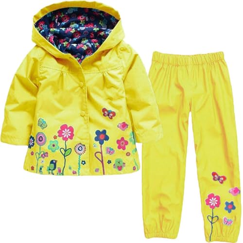 Girls Rain Jacket 2 Piece Outfit Waterproof Long Sleeve Button Down Hoodies Toddler Kids Cuffed He1 Pants Raincoat Set
