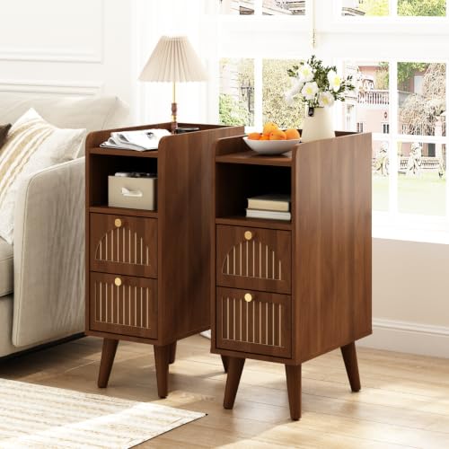Image of Wnutrees 9.3 inch Narrow Nightstand with 2 Drawer, Fluted Wood End Table, Brown