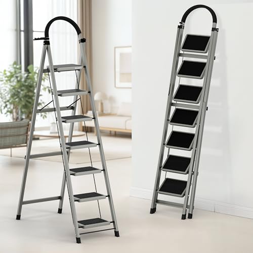 BUILDSKILL Ladder for Home 7 Steps Foldable with Built-in Tool Tray | Heavy Duty D Shape Rods | 20 x 30cm Large Platform | Wide Rubber Feet | Secure L