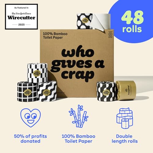 Image of Who Gives A Crap 100% Bamboo Toilet Paper, 48 Rolls, 3 Ply, 370 Sheets, Long, Strong & Soft Toilet Tissue, Sustainable, Biodegradable, Renewable, Tree Free Bathroom Tissue Bulk Toilet Paper