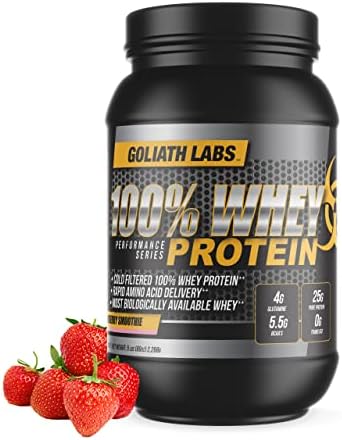 Goliath Labs 100% Whey Protein Powder Isolate/Blend | Fast-Absorbing Workout Supplements for Men and Women | 25g of Pure Protein and 5.5g of BCAAs in Each Serv | Strawberry, 5 lbs, 68 Servings