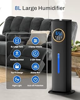 Lacidoll Humidifier for Bedroom,8L Humidifiers for Large Room,Whole House Humidifier Top Fill,Ultrasonic Cool Mist Humidifier with Essential Oil Diffuser, 360° Nozzle, Humidity Control,12H Timer,Black