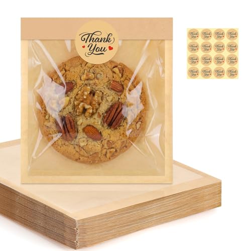 120 Pack Cookie Bags with Seal 5.7x6.5 Inch Self Sealing Kraft Bakery Bags with Window Heat Sealable & Grease Resistant To Go Sleeves for Donuts Scone Brownie Waffle Snacks