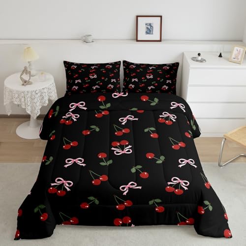 Image of Feelyou Bows Cherry Summer Comforter Set Twin Size Kids Boys Girls Bedding
