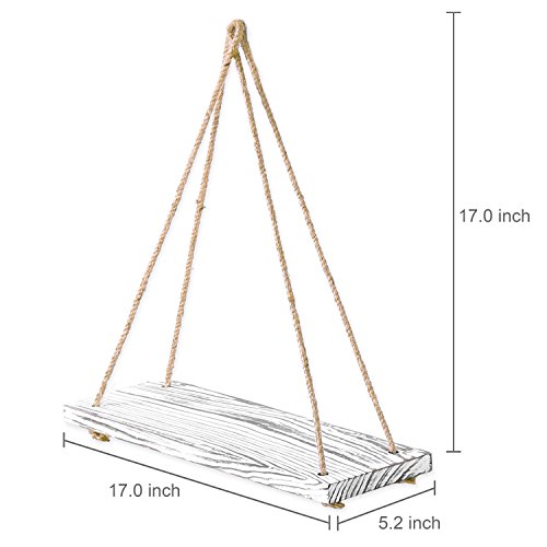 Mygift 17-Inch Whitewashed Wood Hanging Swing Rope Floating Shelves - Farmhouse Rustic Triangle Wall Plant Shelf, Set Of 2 #TOP4