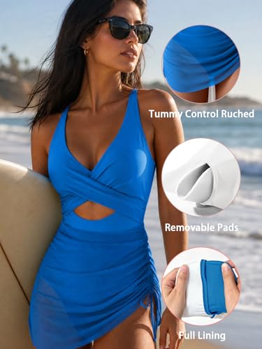 Image of B2prity Women Mesh One Piece Swimdress Swimsuit Tummy Control V Neck Cutout Bathing Suit Wrap Drawstring Sarong Swimwear