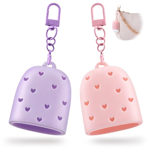 Meonum 2 Pack Cute & Stylish Hand Sanitizer Holders Compatible with Bath & Body Works PocketBac Pink & Purple Hollow Heart Design Easy Clip-On Keychain for Bags Snug Fit Wont Fall Off