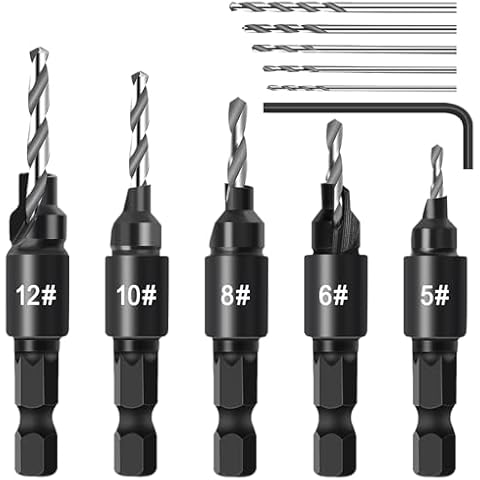 Countersink Drill Bit Set, 5Pcs Woodworking Counterbore Hole Drill Bits for Wood, 1/4" Hex Shank Quick Change Chamfered Adjustable Drilling Tool Kit on Pilot Counter Sink Holes for Woodworking Cover