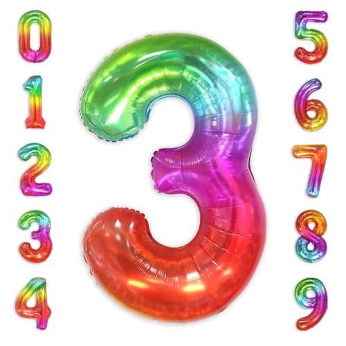 Image of SUWEN Rainbow Number 3 Balloon 40 Inch,Big Colorful Balloons 0-9 | Large Gradient Jelly 3rd Helium Foil Mylar Number Multicolor Balloons for Birthday Anniversary Party Decorations