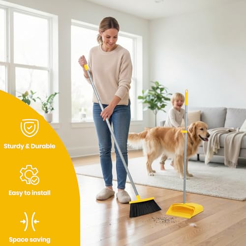Image of Stand Up Dustpan and Broom Set 50 inch Long Handle Broom with Dust Pan, with Self Cleaning Combe for Ergonomic Home Office Classroom Indoor Sweeping