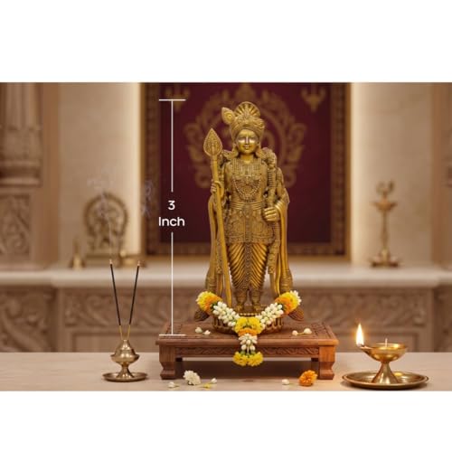 Image of SHILP ART & CREATIONS Pagdhi Murgan Brass Idol Golden Finish Decorative Statue Round Base Detailed Carving Standing Murugan Sculpture Home Temple Decor (Golden, 3 inch,72 gram)