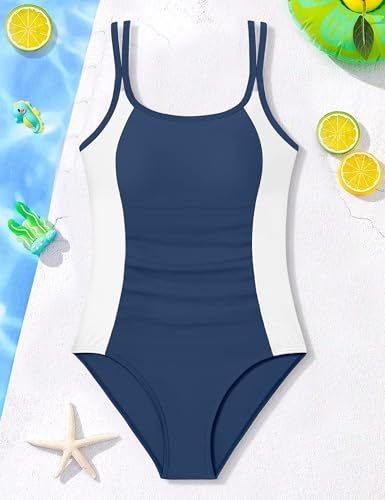 Image of CRISONE Girls One Piece Swimsuits Adjustable Straps Bathing Suit Color Block Padded Pool Beach Swimwear 9-16Y