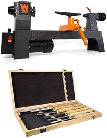 WEN 3.2-Amp 8-Inch by 13-Inch Variable Speed Mini Benchtop Wood Lathe and 6-Piece 16-to-22-Inch Artisan Chisel Set (LA3421, CH15)