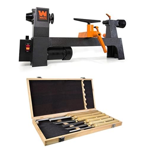 WEN 3.2-Amp 8-Inch by 13-Inch Variable Speed Mini Benchtop Wood Lathe and 6-Piece 16-to-22-Inch Artisan Chisel Set (LA3421, CH15)
