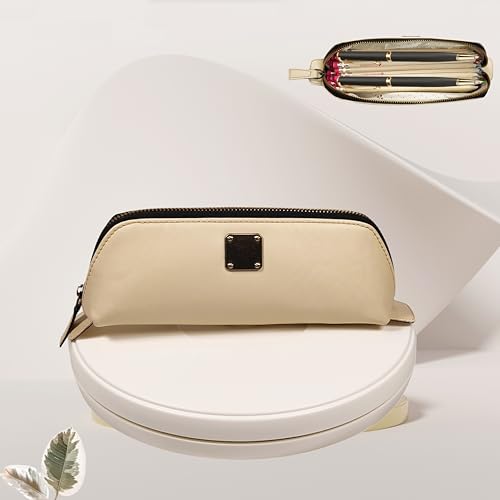 Image of ZAFCO Vegan Leather Pencil Case for Girls | Pen Box Large Capacity | Multiuse Portable Pouch for Office School and College | Pencil Bag Stationery Accessory Organizer 1 Unit (Beige)
