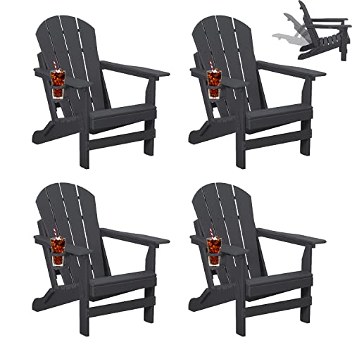 Nalone Adjustable Backrest Adirondack Chair Set Of 4, Hdpe Folding Adirondack Chairs With Cup Holder, All Weather Resistant Adirondack Chair, Fire Pit Chairs Oversized Patio Chair Used In Outdoor #TOP28