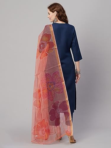 Image of GoSriKi Women's Cotton Blend Straight Embroidered Kurta with Pant & Dupatta