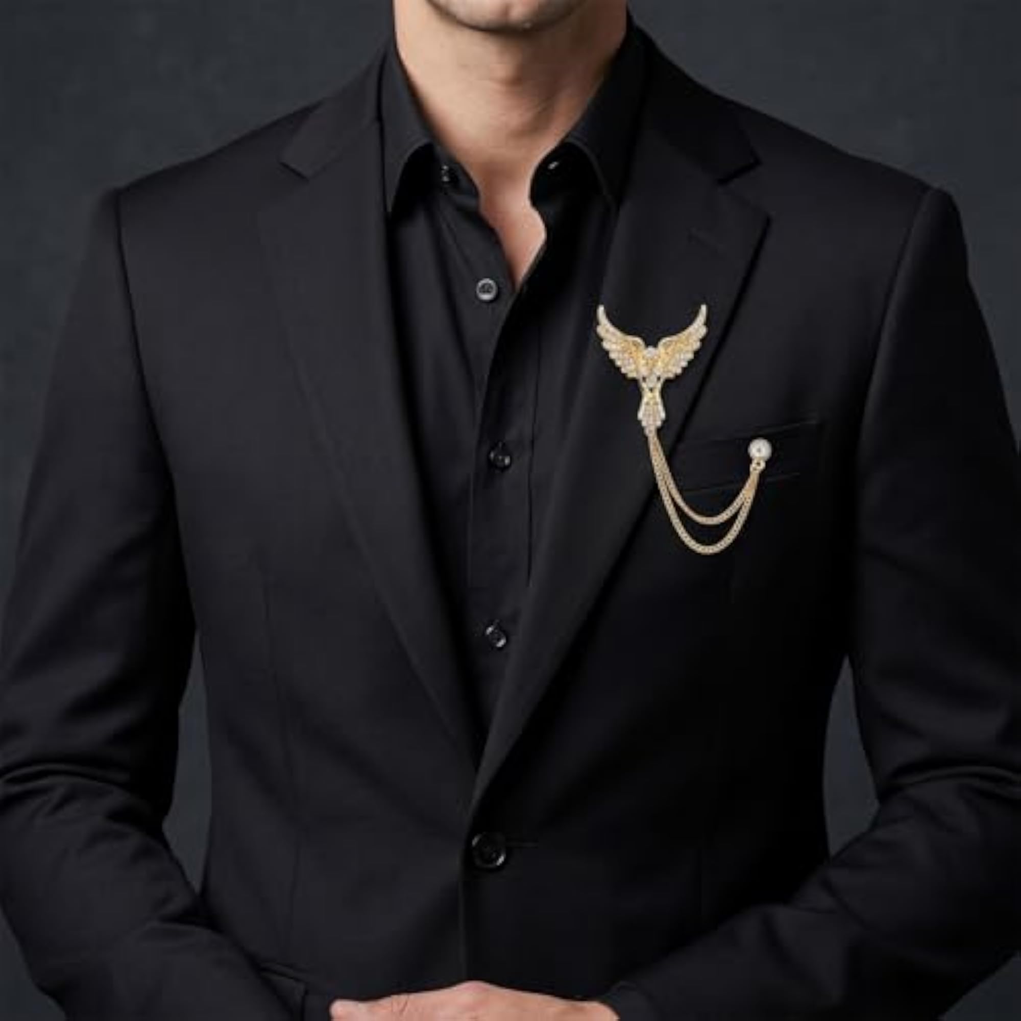 Men's Suit Shirt Stud Lapel Pin with Crystal Chain, Elegant Design