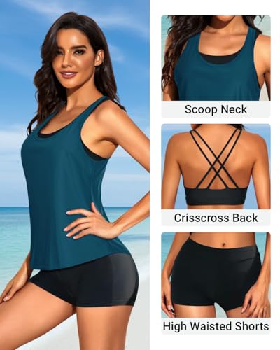 Image of 3 Piece Tankini Long Sleeve Swimsuits Athletic Rash Guard Bathing Suits | Modest,Full Coverage,High Waisted Short,Quick Dry,Criss Cross Back
