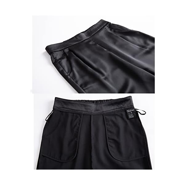 Women's Satin Silky Pants Dress Casual Pull on High Waist Pants with Pockets X-Large