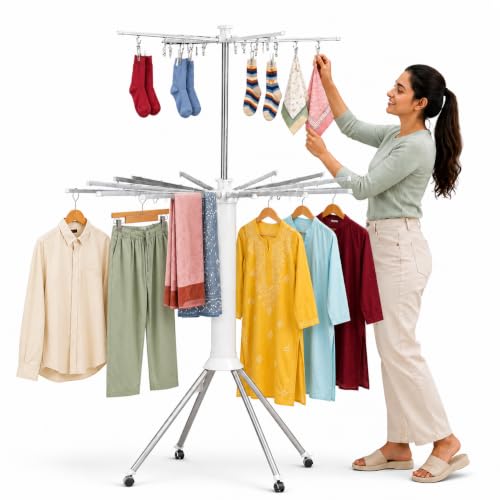 Image of JD FRESH Octopus Foldable Clothes Drying Stand with Wheels /2 Layer Heavy Duty Cloth Hanging Stand with 20 Clips & 360 Rotating Top Arms /Space Saving Laundry Drying Rack for Balcony, Indoor & Outdoor