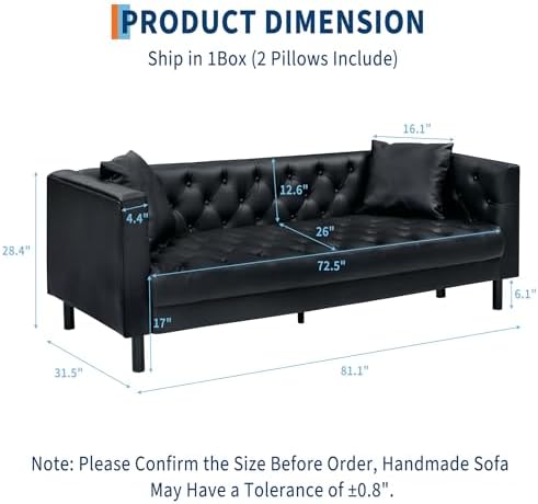 GarveeLife 81" Leather Sofa for Living Room, Chesterfield Sofa with Deep Seats and 2 Pillows, Mid-Century Modern 3 Seater Couch with Button Tufted, Leather Couch for Apartment, Office, Black - Thumbnail 5