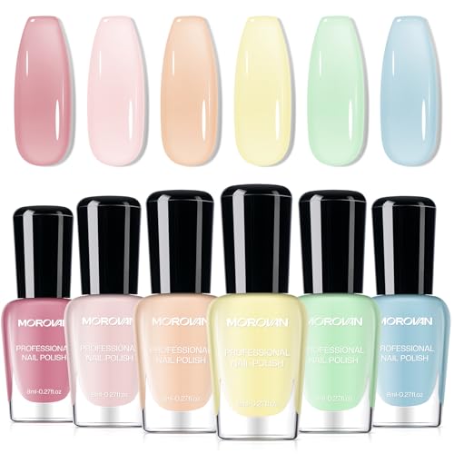 Morovan Jelly Nail Polish Set: Sheer Glass Pastel Macaron Spring Summer Fingernail Polish Kit Quick Air Dry Mini Milky Pink Light Blue Green Nail Polish DIY Manicure Art Salon Gift for Women Girls