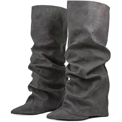 Fancy Fold Over Slouch Boots Block Heels