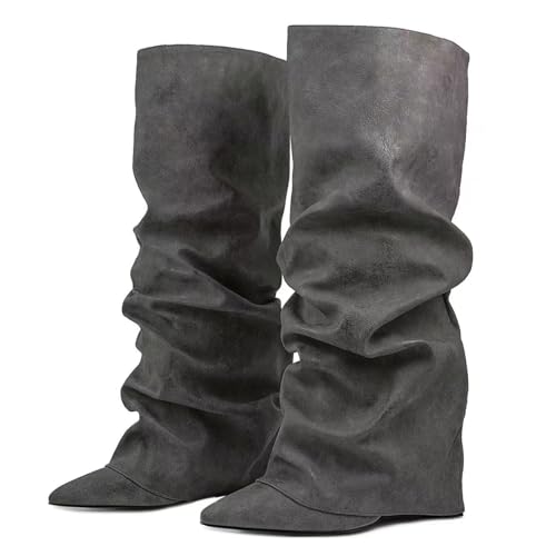 Vervesole Fancy Fold Over Slouch Boots Block Heels Dressy Shark