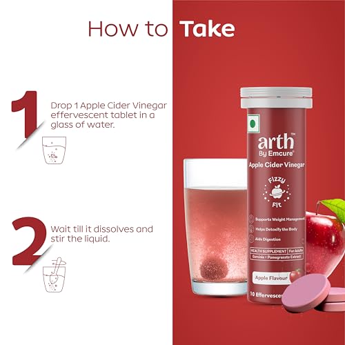 Image of Arth Apple Cider Vinegar Effervescent Tablets 500mg | Supports Weight Management, Metabolism & Gut Health | Garcinia Cambogia, Pomegranate Extract | Vit B6 B12 | Apple Flavour | 10 Tablets