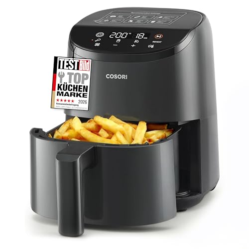 COSORI Heißluftfritteuse klein 2L, Mini-Airfryer für 1 Person, ideal für Camping, Reisen und Wohnmobile, schnell, kompakt, ohne Öl, energiesparend, Helles Schwarz, Dunkelgrau