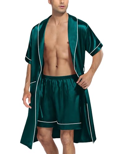 SWOMOG Men's Satin Robe with Shorts Set Silky Short Sleeve Kimono Bathrobe Lightweight Soft Sleepwear