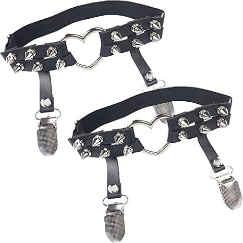 ETHOON Heart Leg Garters with Riverts Punk Adjustable Elastic Belt Harness with 2 Buckles Anti-Slip Clips Suspender - - One Size Cover
