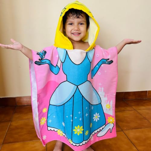 Image of Famyo Poncho Towel for Kids | Hooded Micro-Fiber Bath Towels | 60 x 60cm Toddler Pool Towel for Boys & Girls, 1-7 Years (Blue Lady)