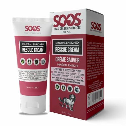 SOOS Pets Pet Rescue Cream for Dogs and Cats | Natural Dead Sea Mineral Enriched | Fast Absorbing, Reduce Pain | Topical Treatment of Injuries Cuts, Sores, Wounds, Scratches, Damaged Skin – 49ml