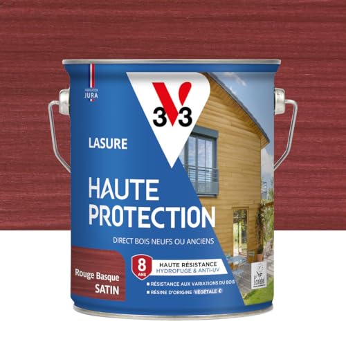 V33 Lasure Bois extérieur Rouge basque satin - Haute Protection 8 ans - Haute résistance hydrofuge et anti-UV - Résiste aux variations du bois - Ecolabel,...