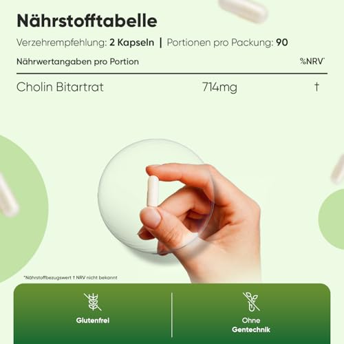 Cholin Bitartrat Kapseln - 714mg pro Portion - Cholin trägt zur Aufrechterhaltung einer normalen Leberfunktion bei (EFSA) - Für 3 Monate Vorrat - Täglich 2 Kapseln - 180 Stück - von WeightWorld