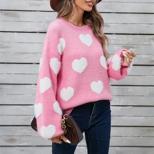 Image of Women's Valentine Love Print Heart Fun Sweater Casual Crewneck Long Sleeve Knit Sweatshirts Pullover Tops
