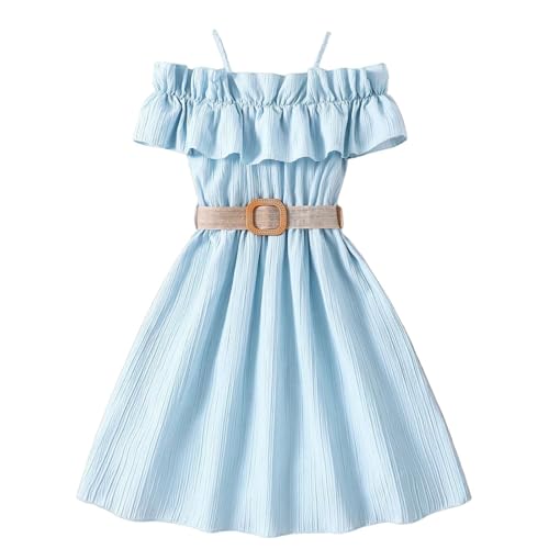 Girls Off-Shoulder Ruffle Dress with Belt Spaghetti Strap Elegant Summer Casual Dress for Beach Party