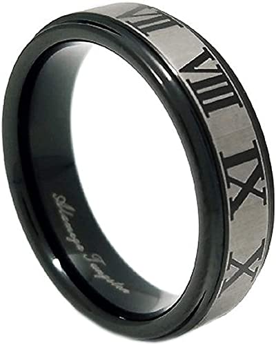 新宿銀の蔵 クロック ローマ数字 ブラック タングステンリング 15号 指輪 メンズ フラットバンド 平面 時計 男性 黒